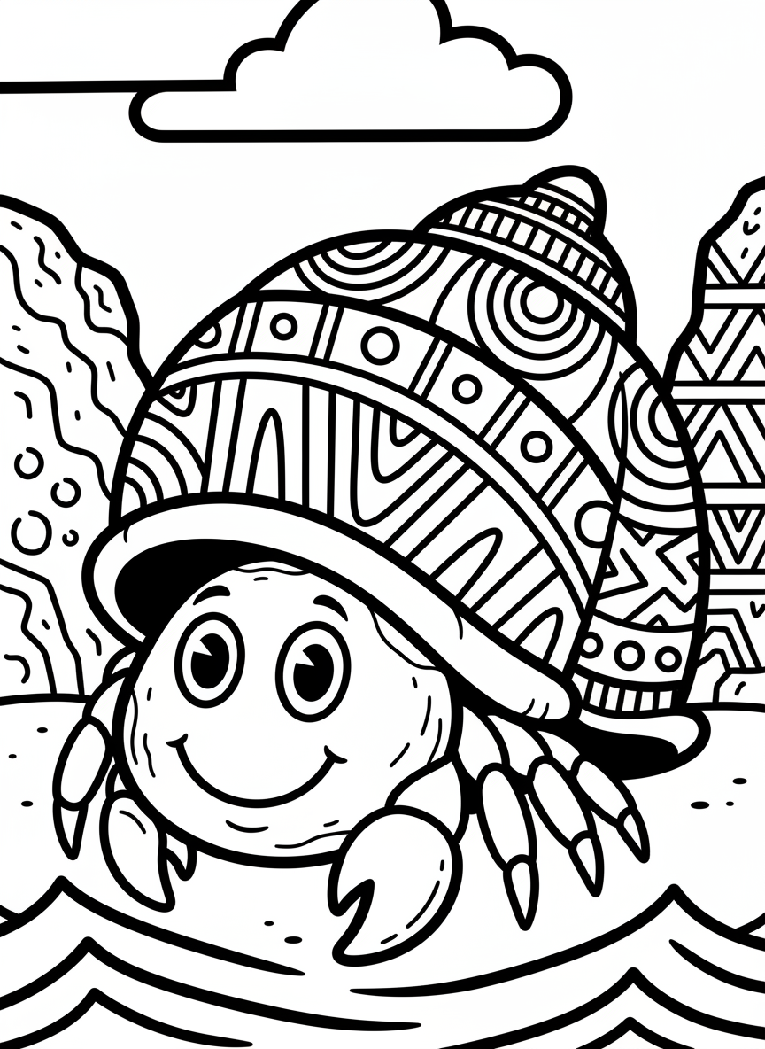 A round rock painted as a smiling hermit crab peeking out of its spiral shell home, with simple geometric patterns on the shell