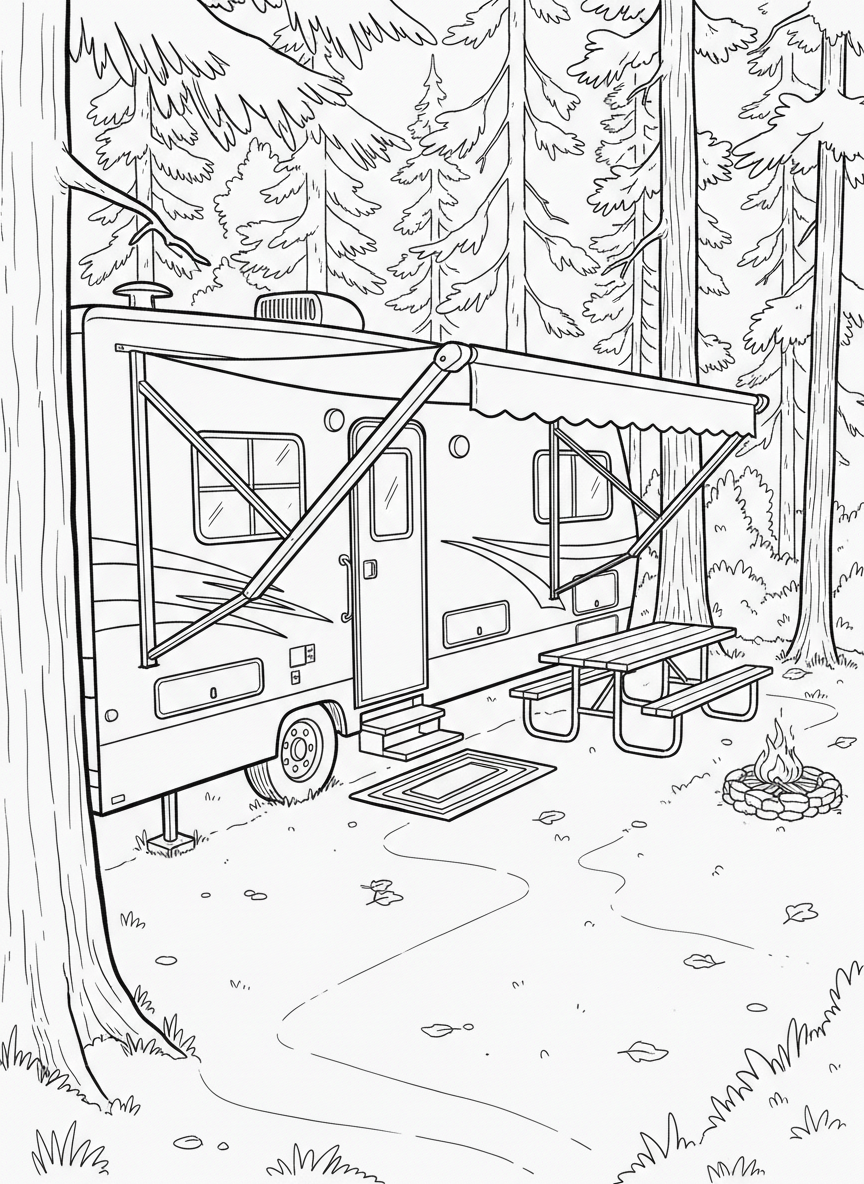 A large RV camper parked in a forest campground with an awning extended, picnic table, and welcome mat outside.