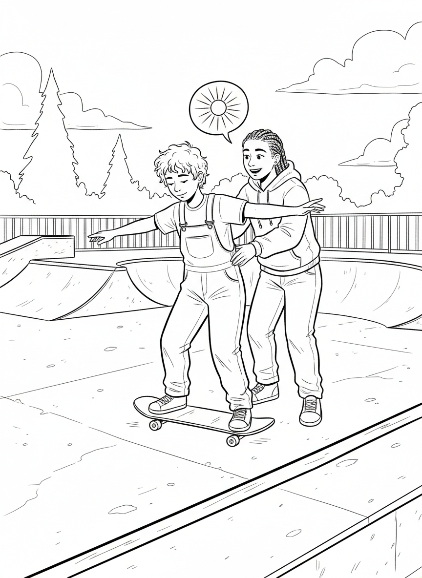 Two friends at a skate park, one teaching the other how to balance on a skateboard, encouraging and supportive scene.