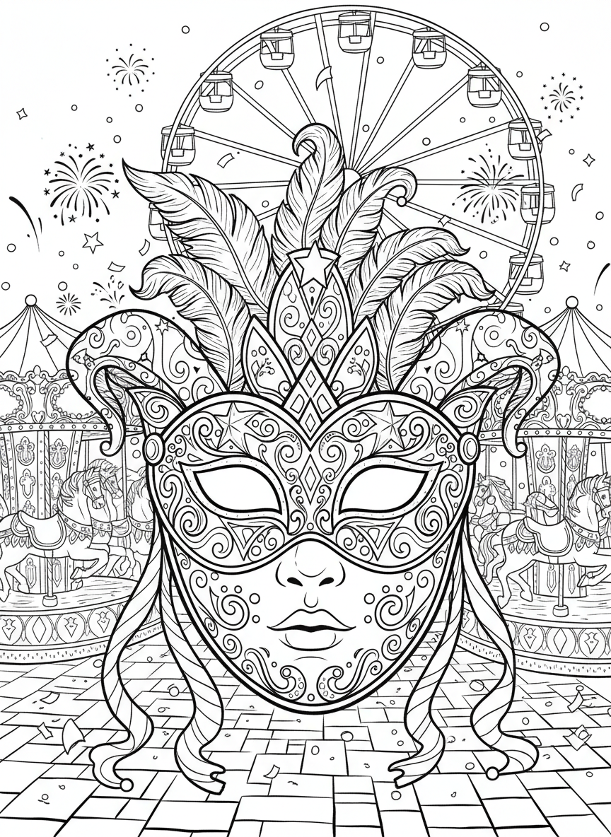 A close-up of an ornate carnival mask decorated with swirling patterns, stars, feathers, and geometric shapes ready to color.