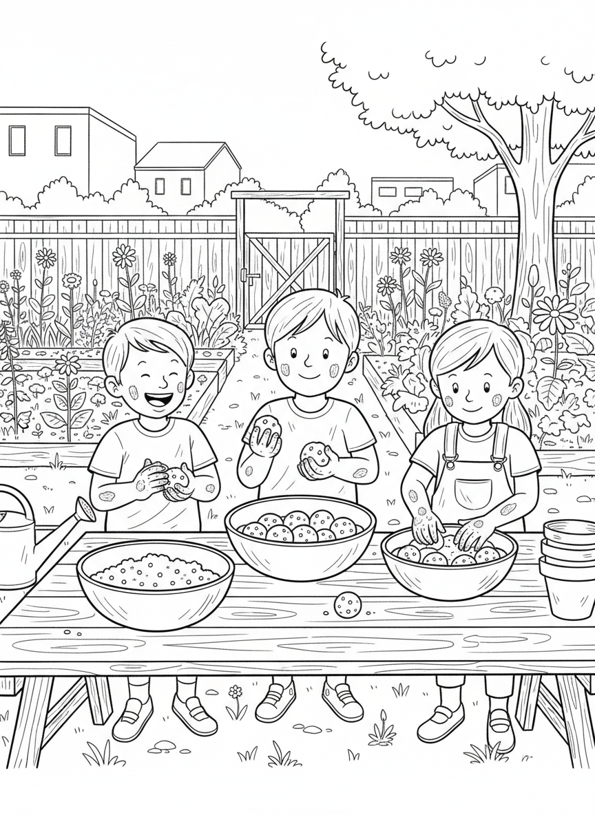 Kids making seed bombs from soil and wildflower seeds, sitting at an outdoor table with bowls and their hands dirty, ready to green the neighborhood.