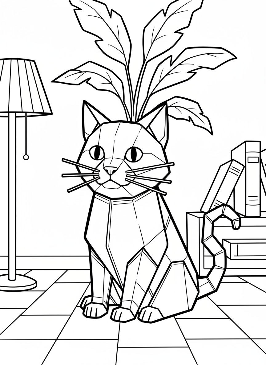 A cute origami cat robot with triangular ears, geometric whiskers, and folded paper tail in a sitting position