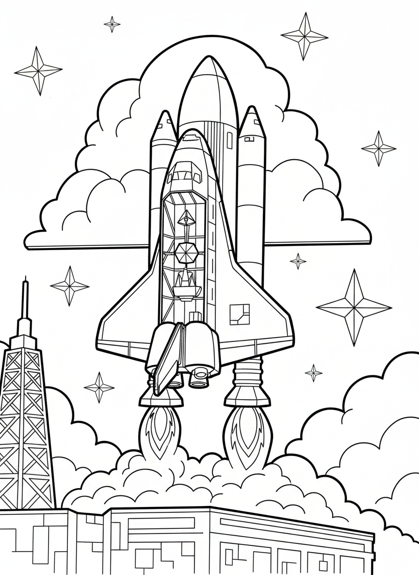 An origami space shuttle with wings and cargo bay details, launching upward with clouds and stars in the scene.