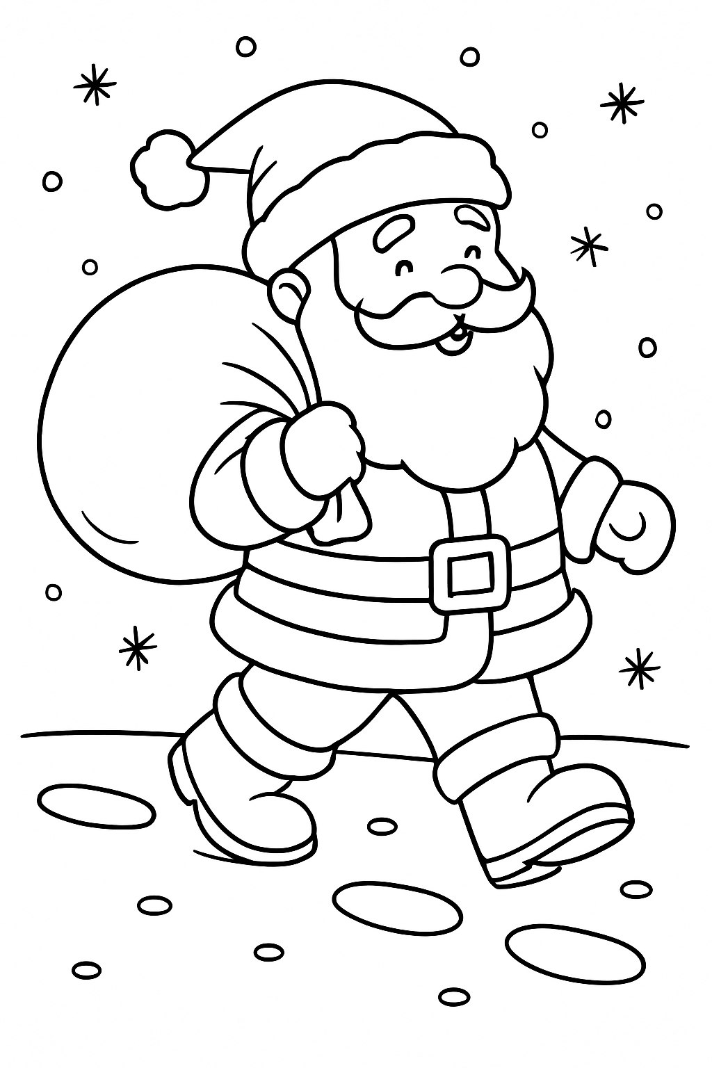 Santa walking through gentle snowflakes, carrying his sack over one shoulder and leaving big boot prints behind him.
