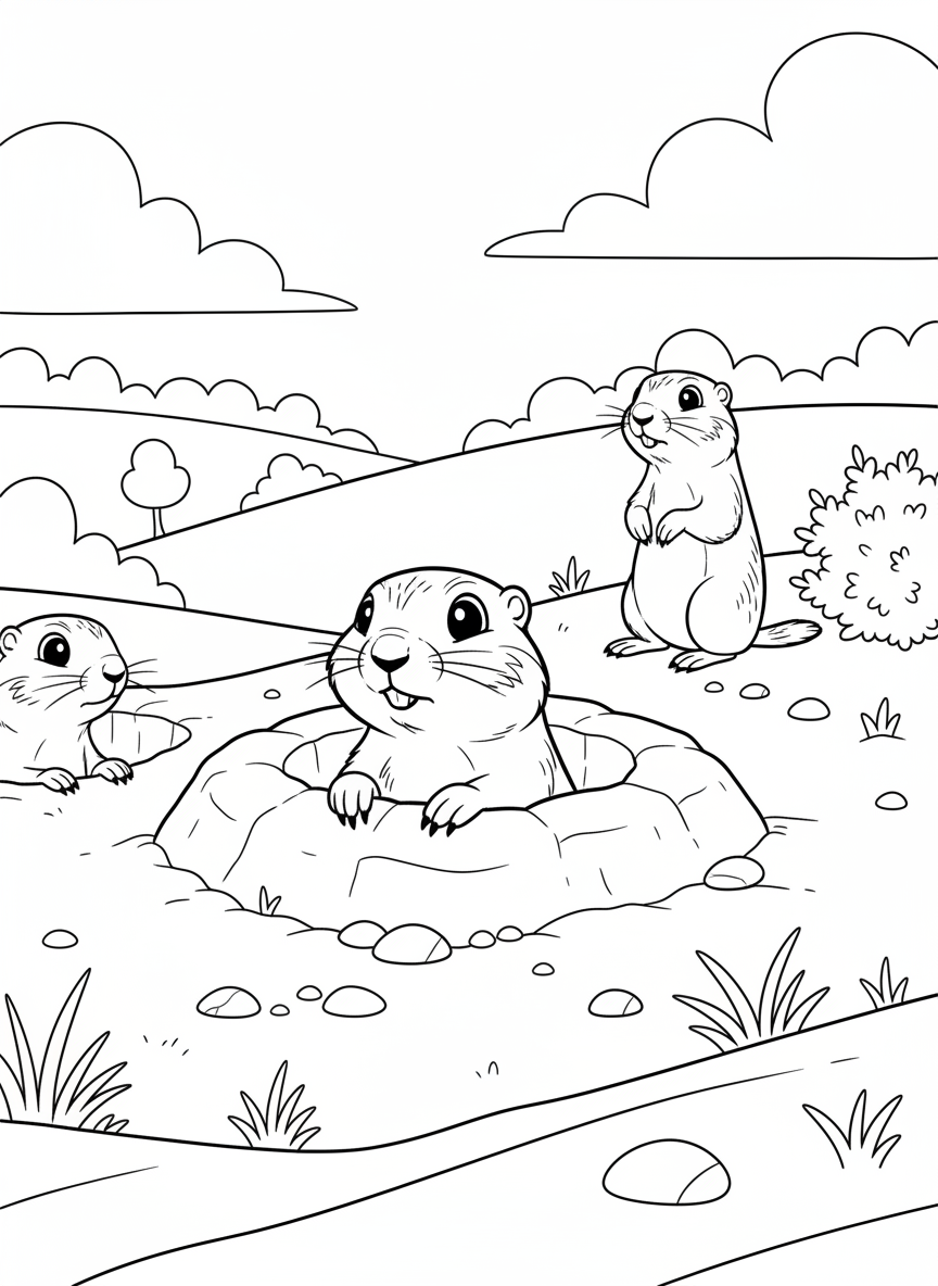 A prairie dog popping out of its burrow with other prairie dogs in the background, cute wildlife coloring page.