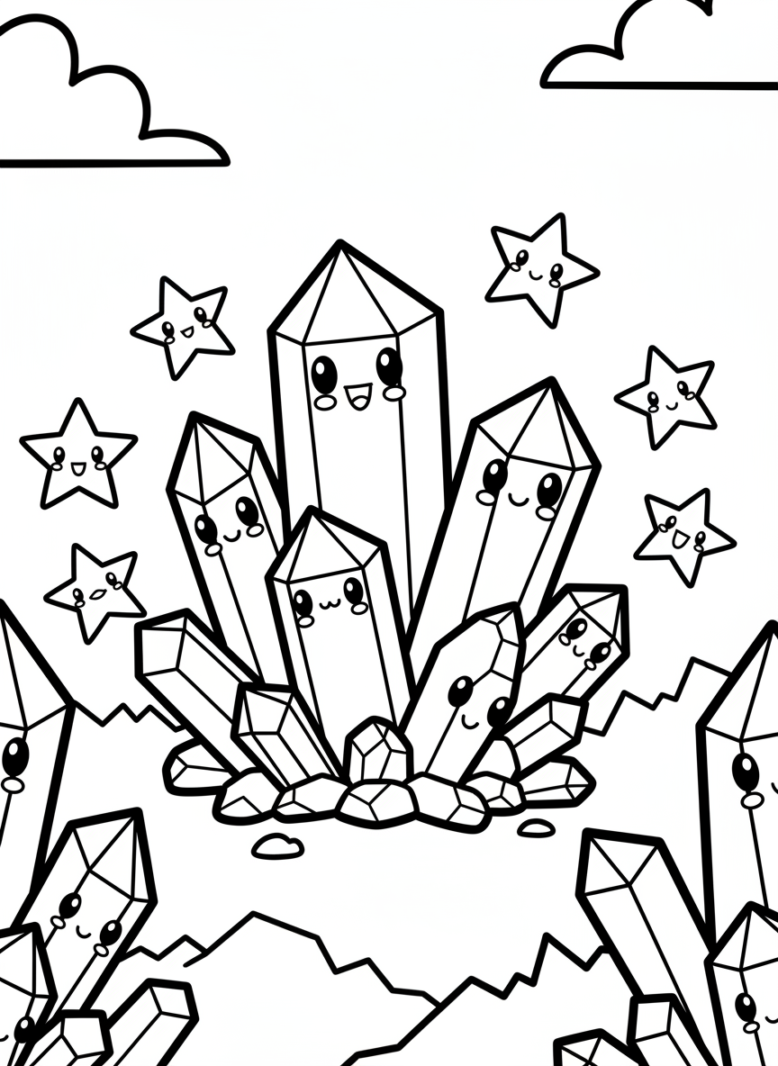 A friendly cartoon crystal cluster with smiling faces on each crystal point, arranged in a cheerful group with stars around them.