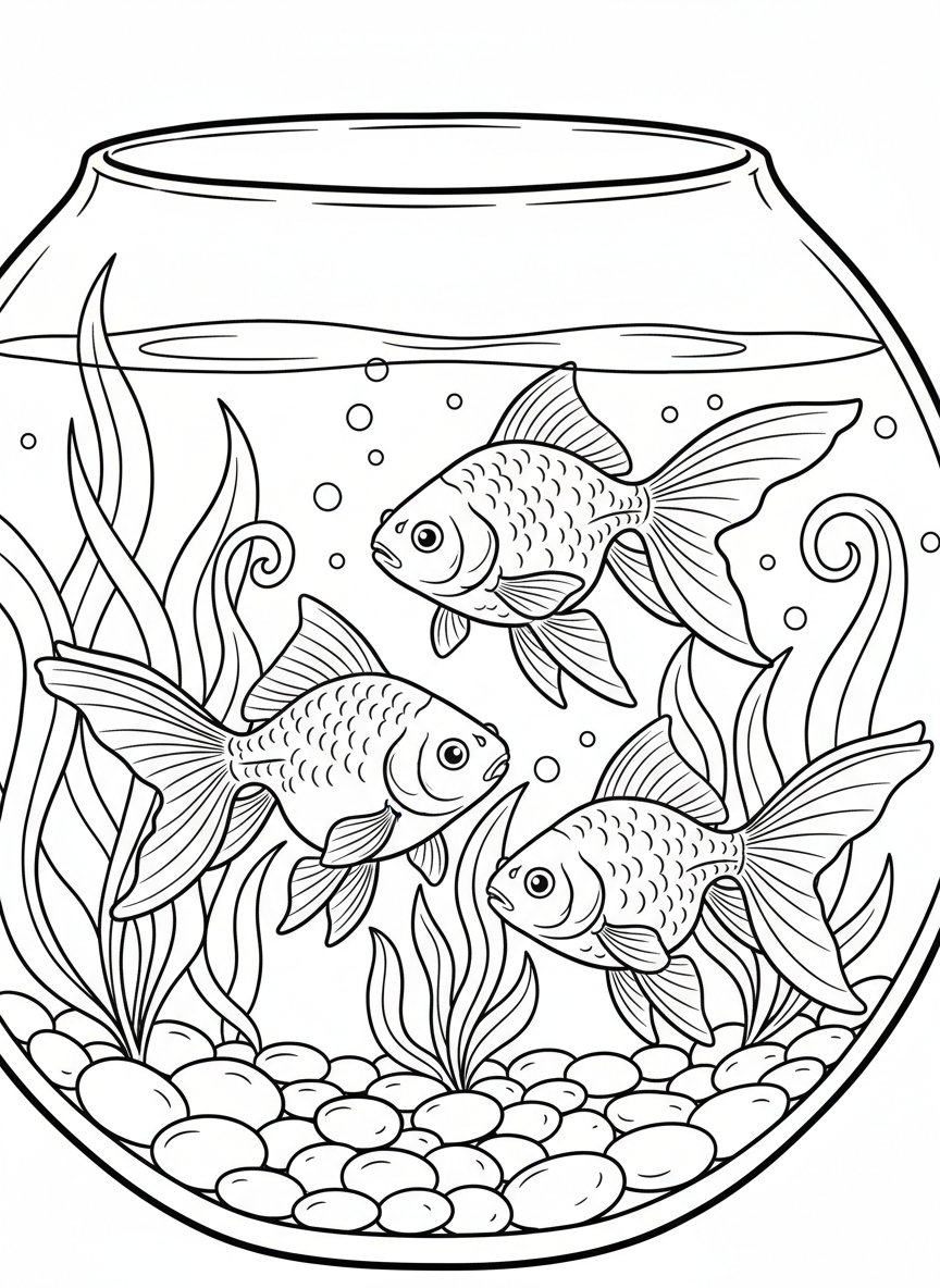 A group of three goldfish swimming in a fishbowl with decorative pebbles and water plants.