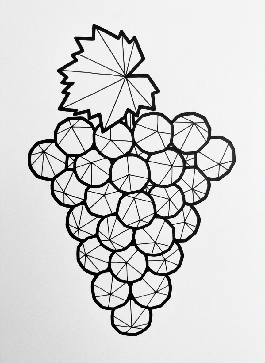 A bunch of origami grapes made of many small diamond-shaped paper pieces clustered together with a paper leaf