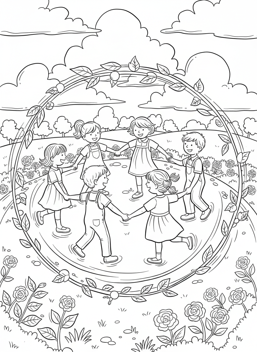 A group of children holding hands in a circle playing ring-around-the-rosy, dynamic circular composition.