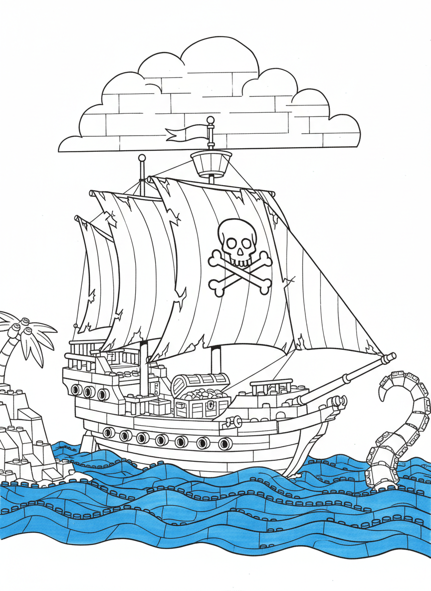 A toy brick pirate ship with sails, a mast, treasure chest on deck, and waves made of blue bricks below.