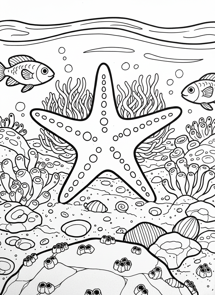 A tide pool from above showing various creatures: a starfish, two small fish, anemones, and scattered shells on the sandy bottom