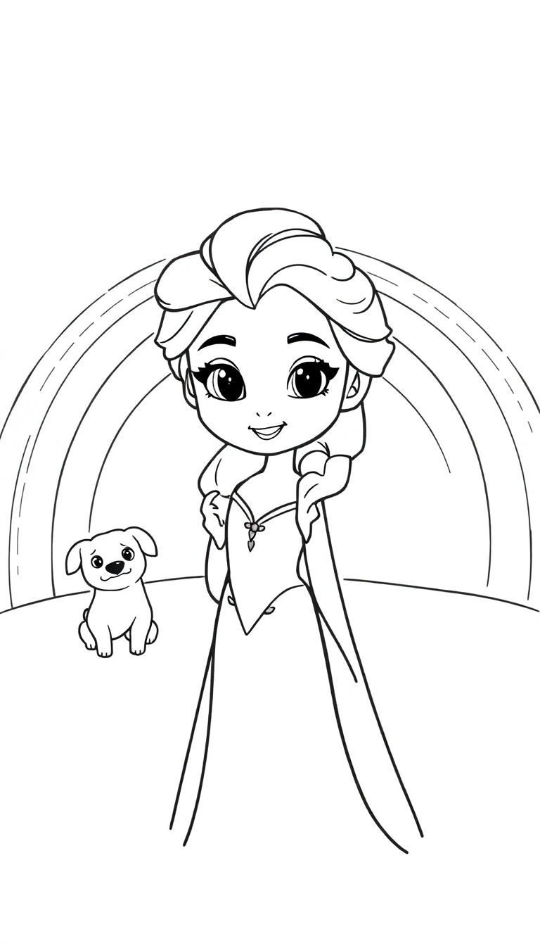 Create a cute image of Elsa from Frozen. Include a rainbow in the background with a dogs
