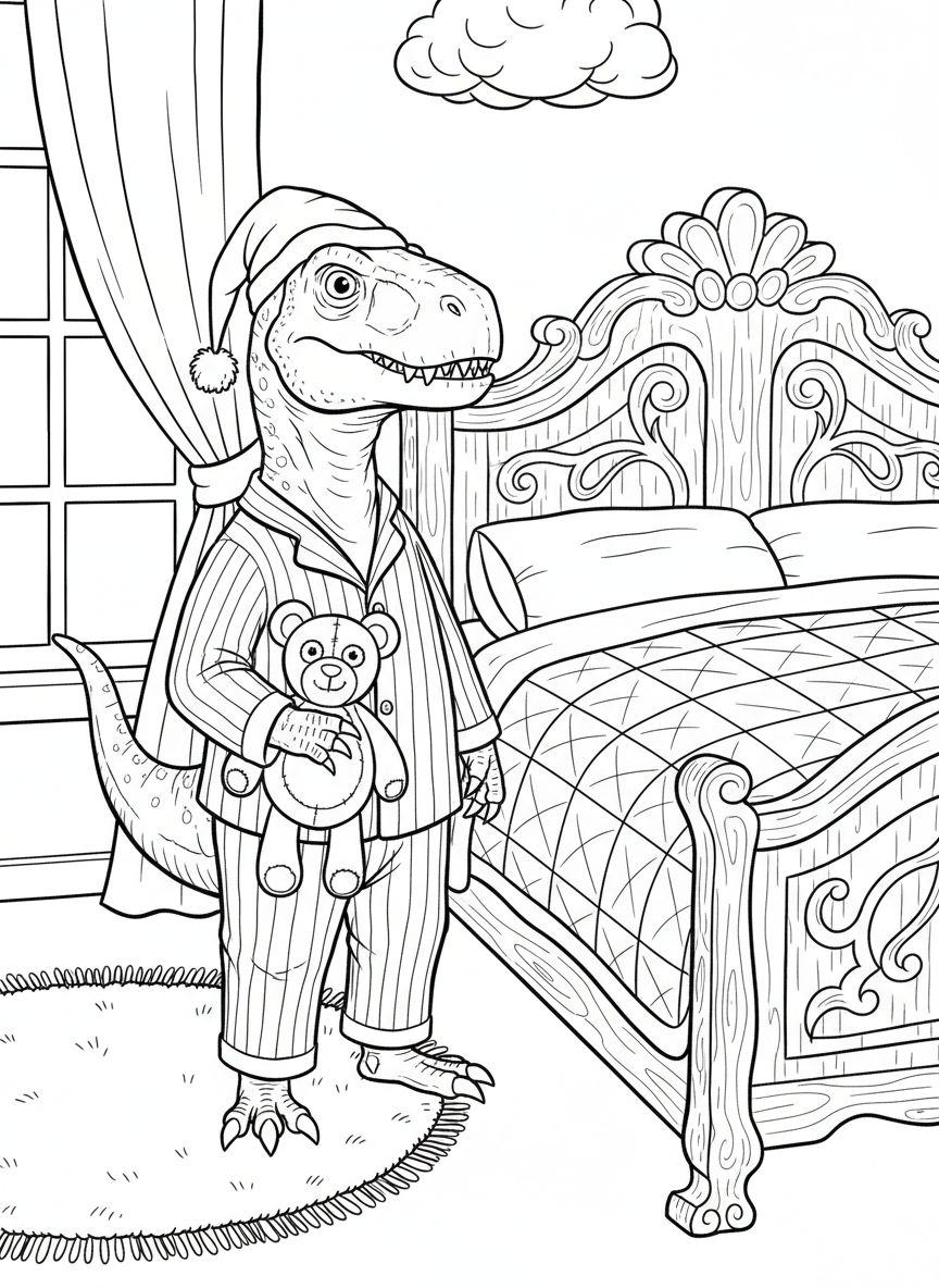 An Allosaurus wearing pajamas and a nightcap, holding a teddy bear near a bed with a quilted comforter.