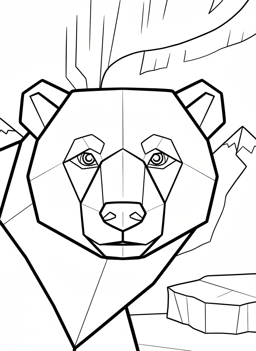 A close-up origami polar bear face with geometric features, triangular ears, angular snout, and kind eyes made from paper-fold patterns