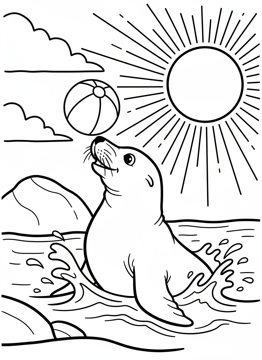 A sea lion playing with a beach ball near the ocean surface, with waves and sunshine creating a cheerful scene.