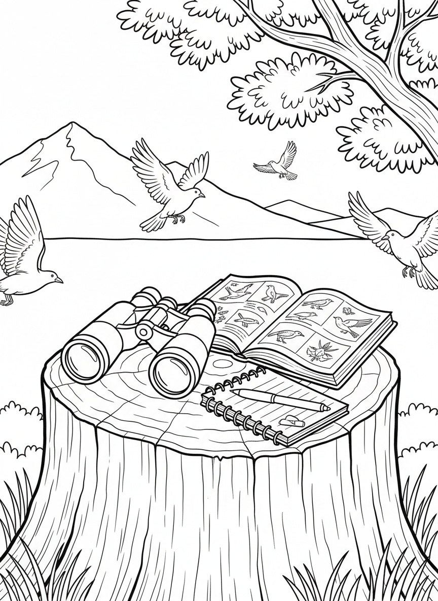 A pair of binoculars, a bird guidebook, and a notebook on a tree stump, with birds flying in the background.