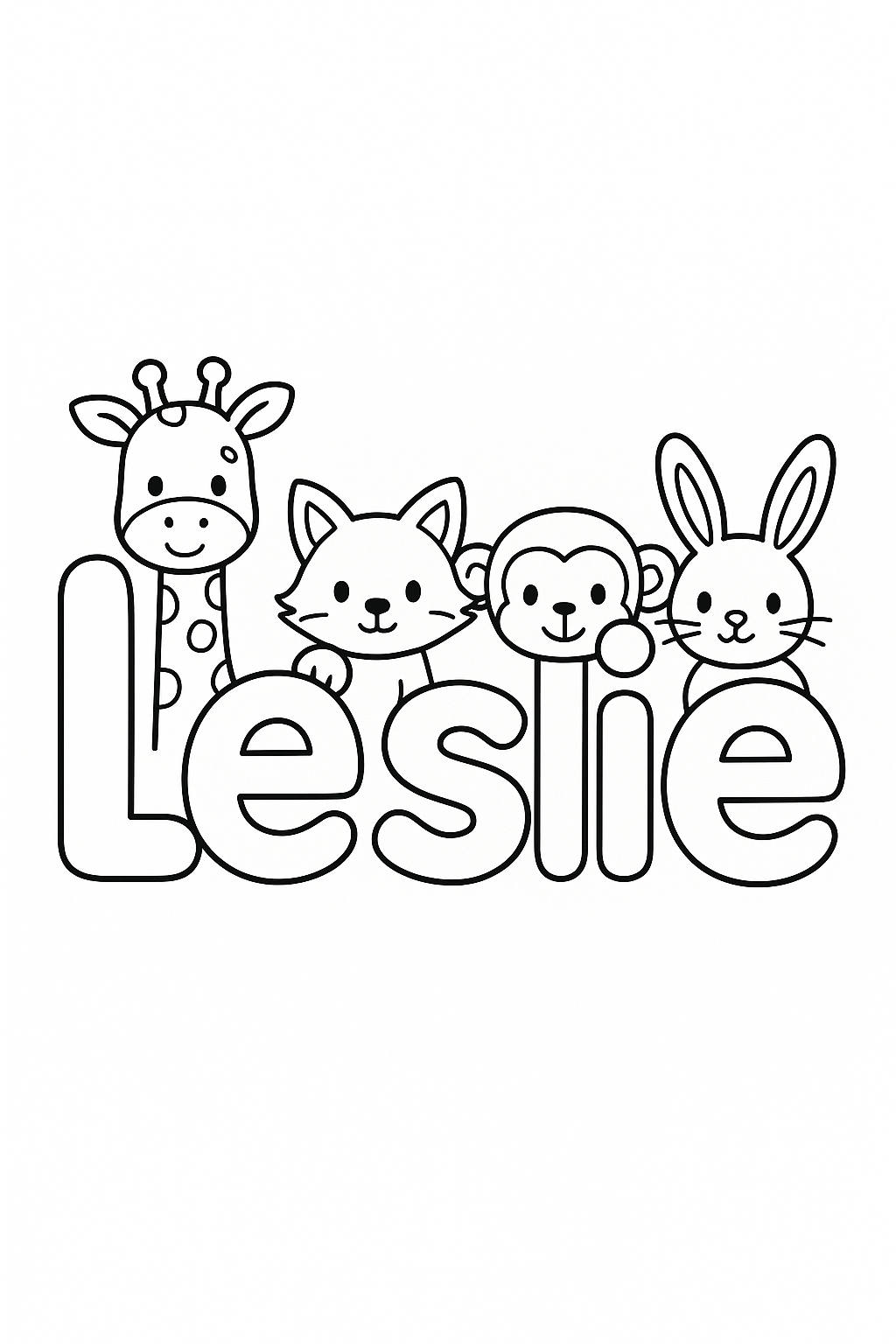 The name “Leslie” in bubble letters with cartoon animals peeking out of each letter. make the name all on one line, only capitalize the first letter "L". all other letters should be lowercase, make sure each letter is clearly visible, limit the animals to only 4