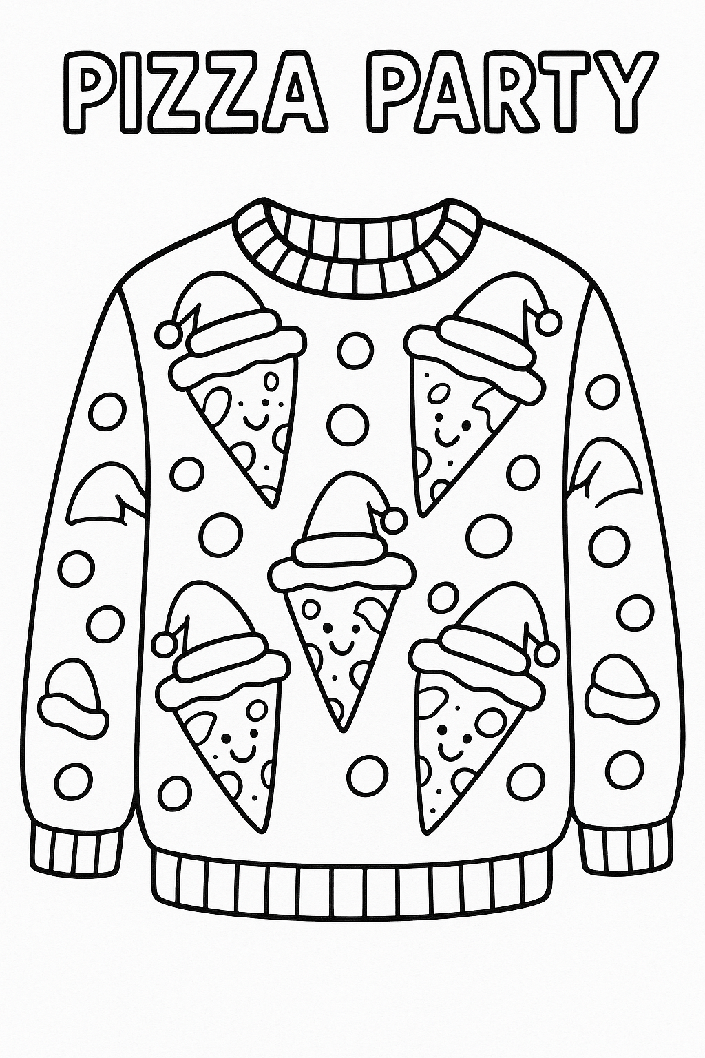 ugly sweaters: Pizza Party: A "holiday" sweater covered in slices of pizza wearing Santa hats (whimsical and silly).