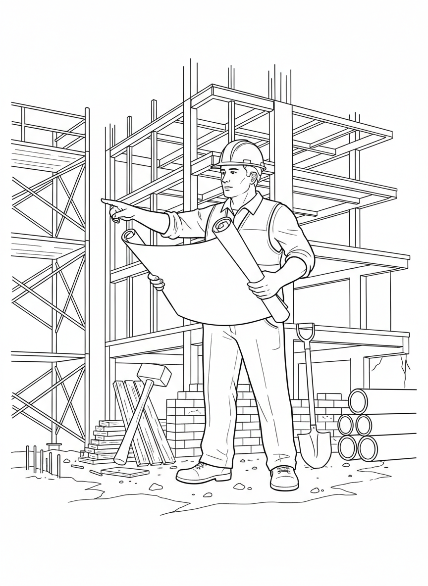 A construction worker wearing a hard hat and holding blueprints at a building site with tools and materials around.