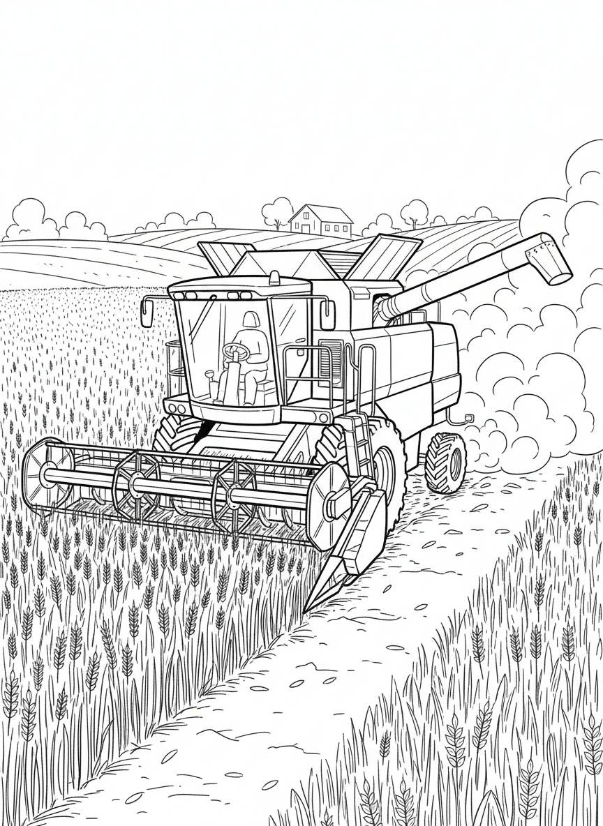 A combine harvester working in a wheat field with grain stalks all around, detailed machinery for coloring enthusiasts.