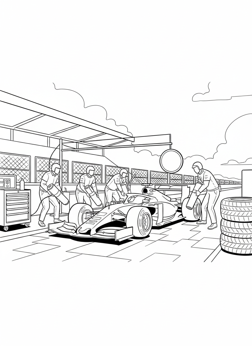 A pit crew team changing tires on a race car during a pit stop, showing crew members with tools and equipment in action.