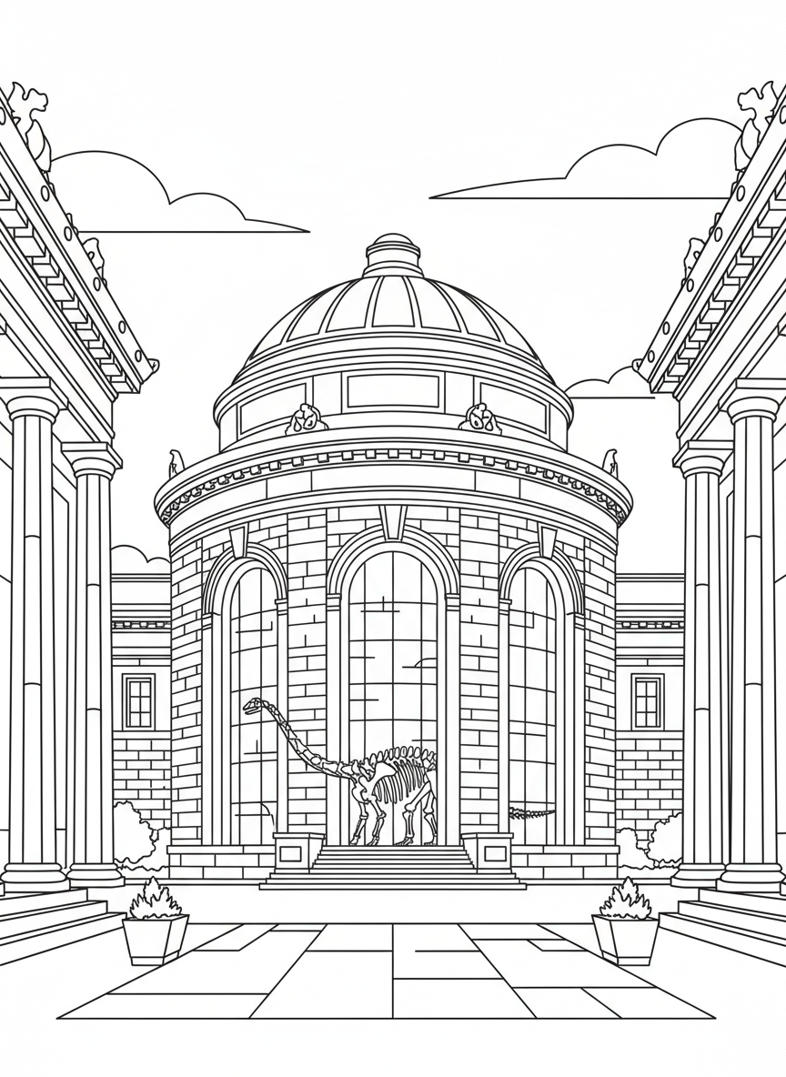 Field Museum exterior with columns and dinosaur skeleton visible through windows, grand building with simple classical architecture