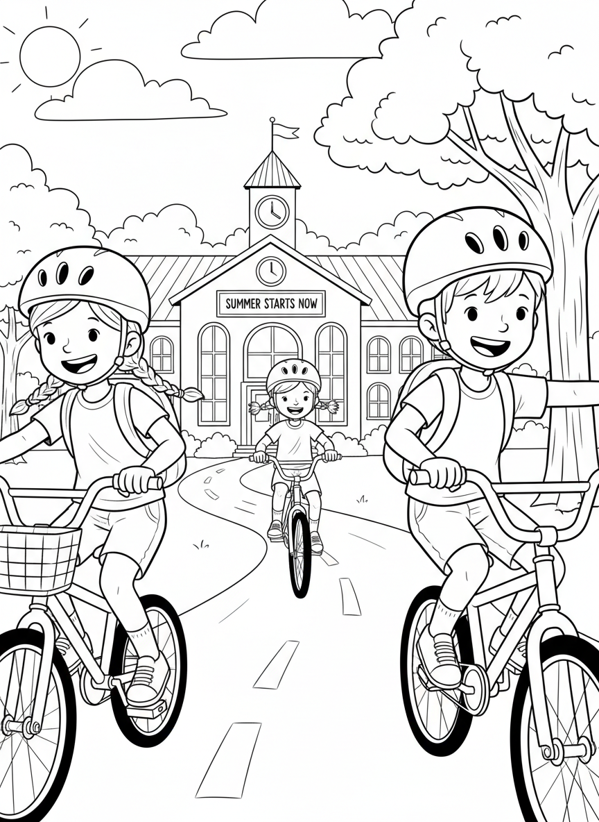 Kids riding bikes away from school together, helmets on, heading toward summer adventures with big smiles