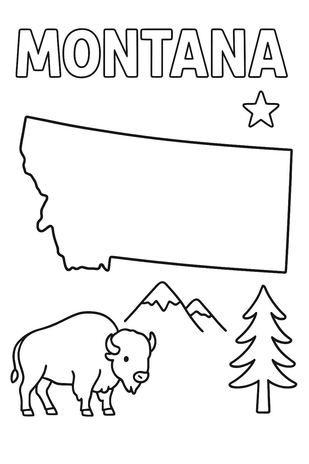 Write “Montana” once at the top in outlined letters. Make the map out outline large and central. Add one bison, one mountain, one pine tree, and one star in corners.