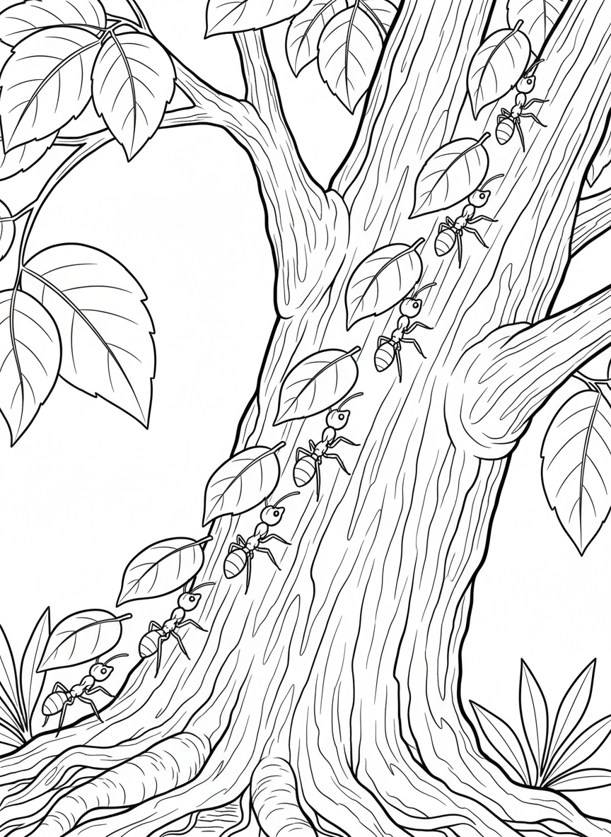 A group of leaf-cutter ants marching in a line, each carrying a piece of leaf above their heads along a tree trunk.