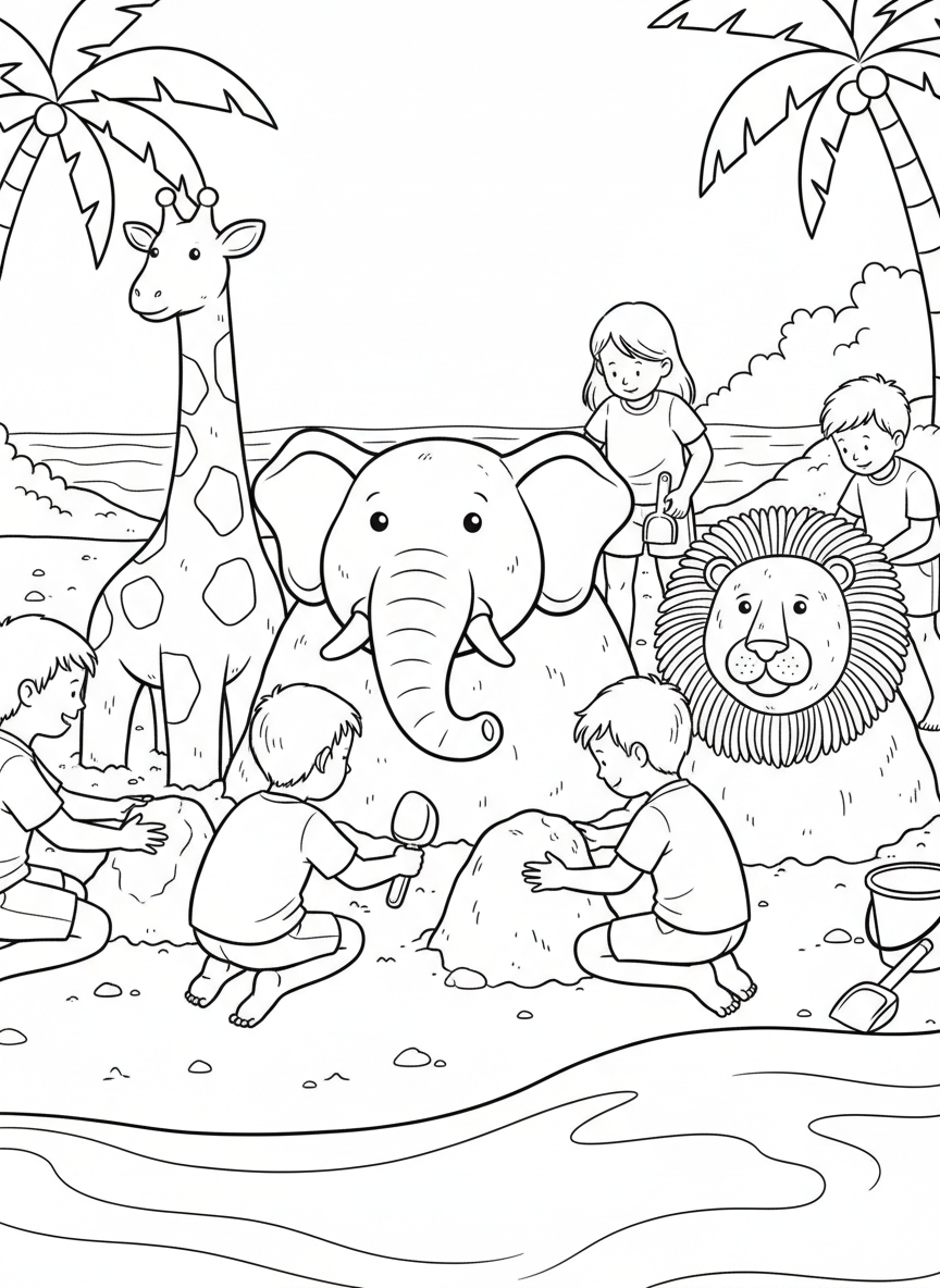 Kids creating a sand zoo with simple animal shapes including an elephant, giraffe, and lion made from sand mounds.