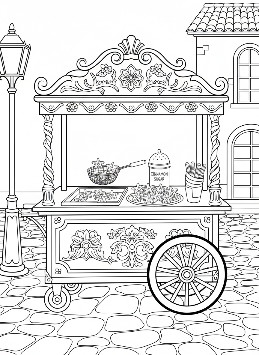A churro cart with star-shaped churro designs, cinnamon sugar shaker, and decorative Spanish-style patterns on the cart