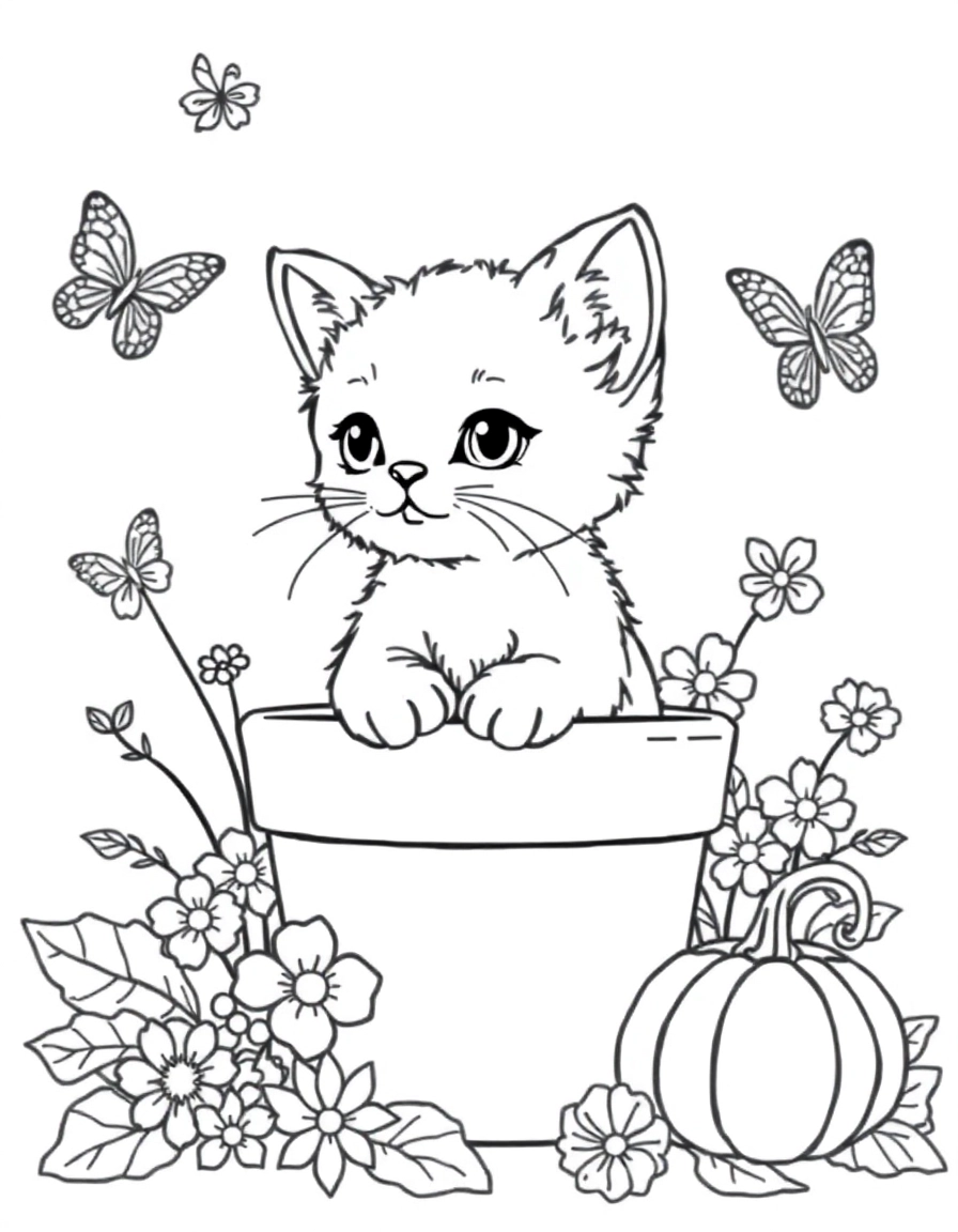 A cute kitten sitting inside a flower pot, surrounded by flowers, leaves, butterflies, and a pumpkin, drawn in a detailed black and white line art coloring book style, clean outlines, no shading, suitable for kids to color.