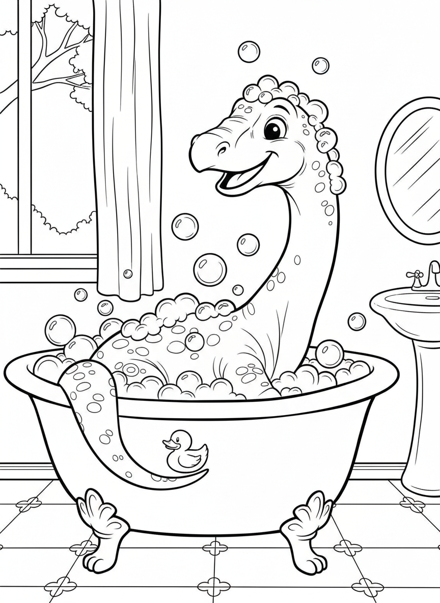 A baby Brontosaurus taking a bubble bath in a clawfoot tub, rubber ducky floating nearby, adorable bathroom scene
