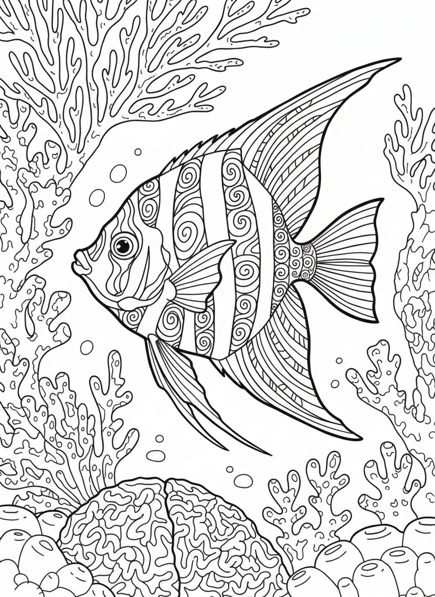 A colorful angelfish with elaborate fins and patterns swimming near coral formations