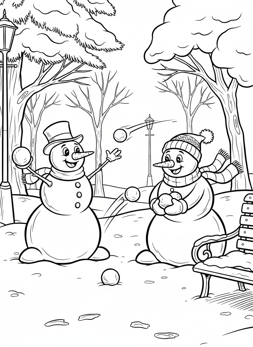 Two snowmen having a friendly snowball fight in a winter park, with snowballs flying through the air and happy expressions on their faces.
