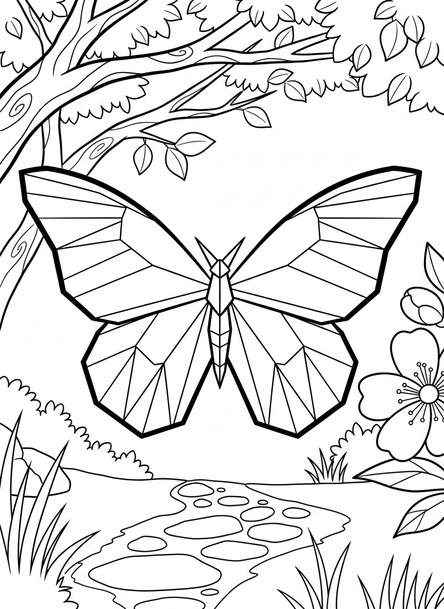 An origami butterfly with symmetrical geometric wings spread wide, featuring diamond and triangle patterns that show the paper folding technique.