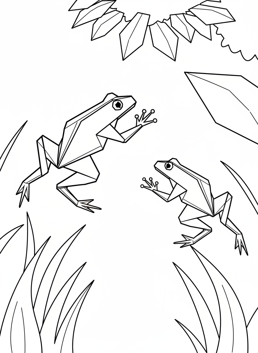 Two origami frogs in different sizes jumping mid-air with angular paper-fold legs, surrounded by simple grass blades