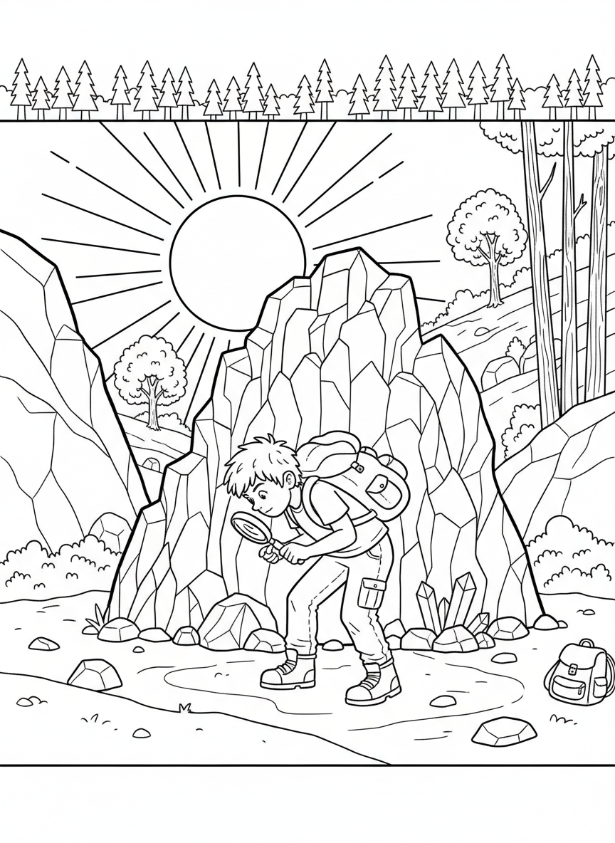 A young rock collector with a backpack and magnifying glass examining a large interesting rock formation on a sunny hillside.