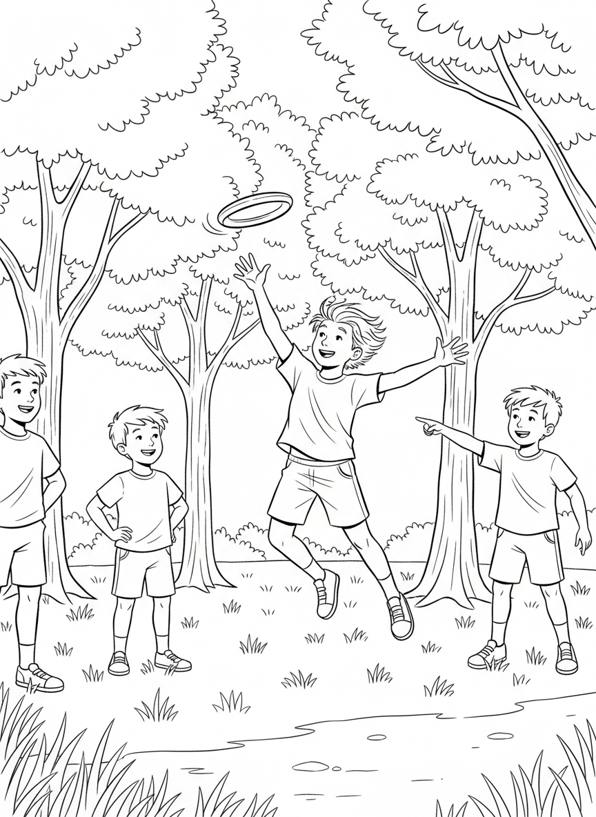 Kids playing frisbee in a park, one jumping to catch the flying disc, with grass and trees around them.