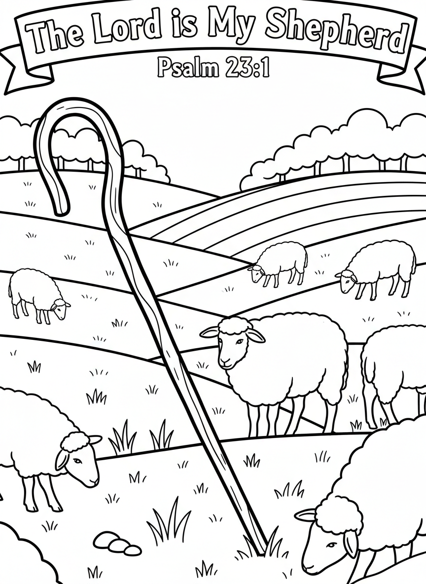 A shepherd's staff with sheep grazing peacefully in rolling hills, featuring the text 'The Lord is My Shepherd Psalm 23:1' in a banner across the top