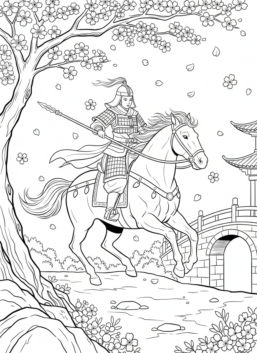 A Chinese warrior woman in traditional armor riding a horse, with cherry blossoms falling around her