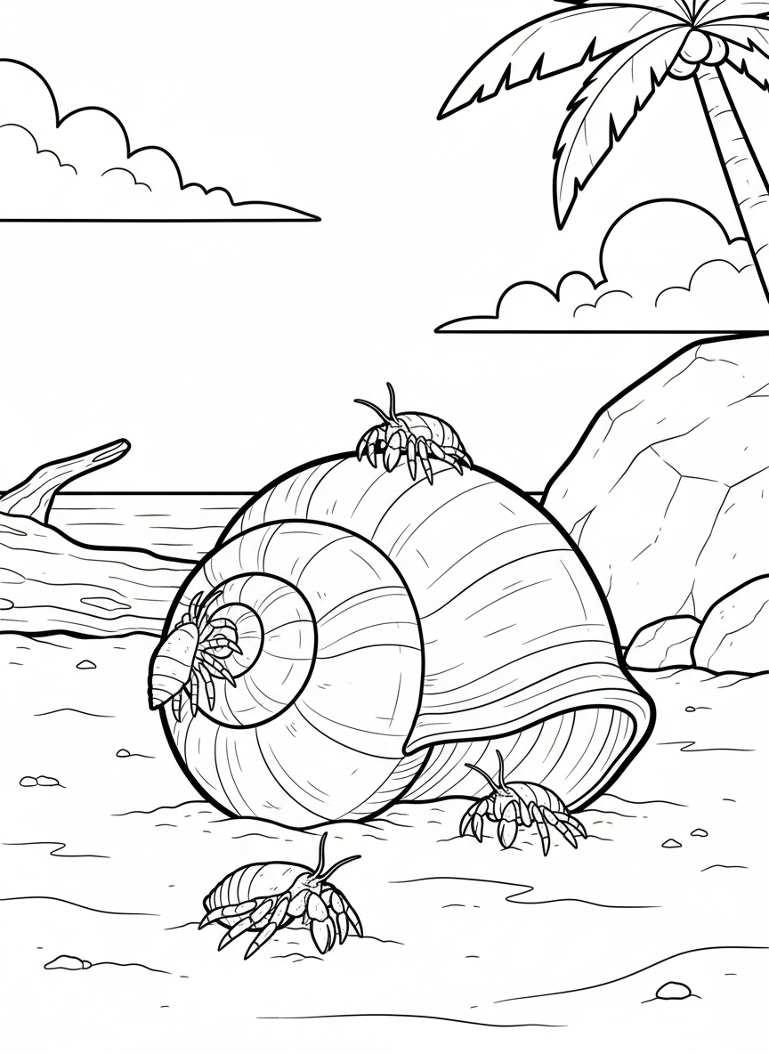 A moon snail shell half-buried in sand with tiny hermit crabs exploring around it.
