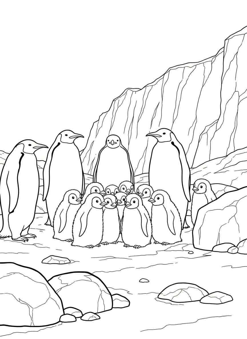 A group of penguin chicks huddled together in a creche while adult penguins stand guard nearby.