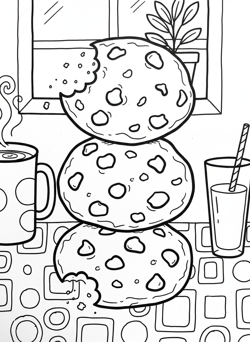 Three stacked cookies with chocolate chips, showing different bite marks and crumbs, creating a playful snack-time scene.