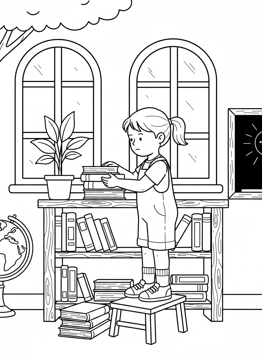 A child stacking books neatly on a classroom shelf, low bookshelf, simple classroom environment, clean bold outlines, minimal clutter, no text, no logos