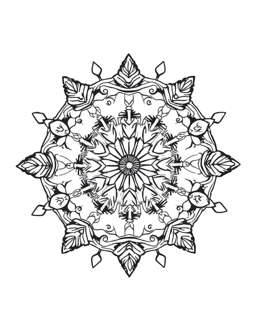 simple mandala: Ocean Waves: A circular pattern featuring easy-to-color waves, fish, and seashells repeating around the center.