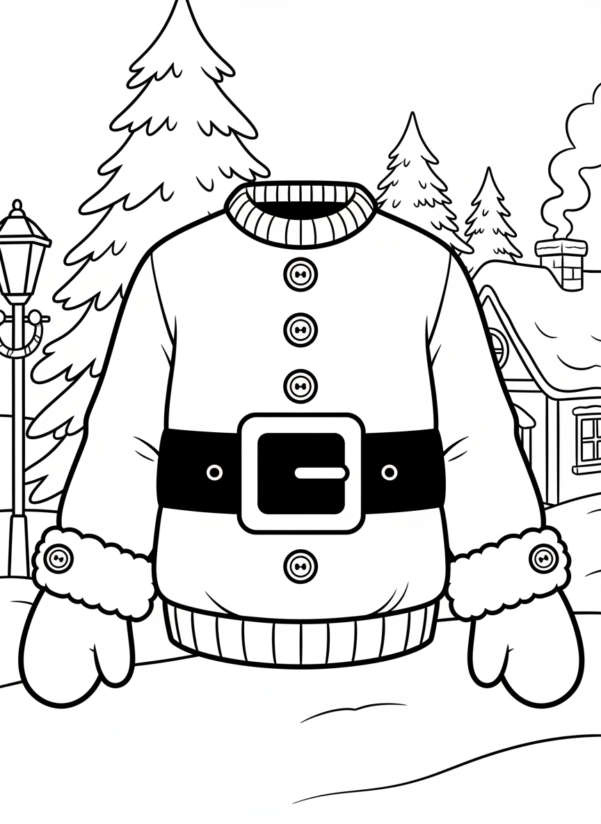 An ugly sweater showing Santa's belt buckle across the middle with buttons going up like his coat, and cuffs designed like his gloves.