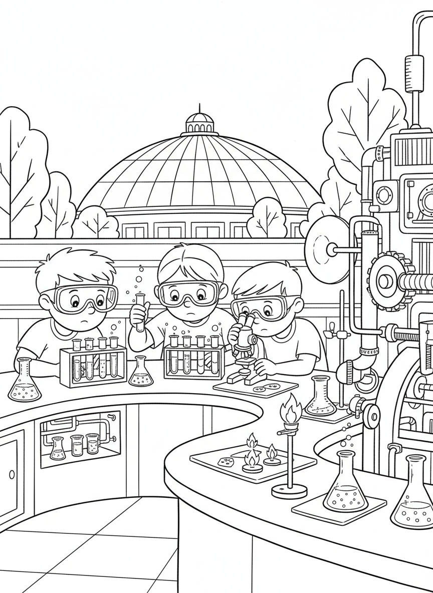 Children conducting a fun science experiment with test tubes, microscopes, and safety goggles at a COSI-inspired lab table
