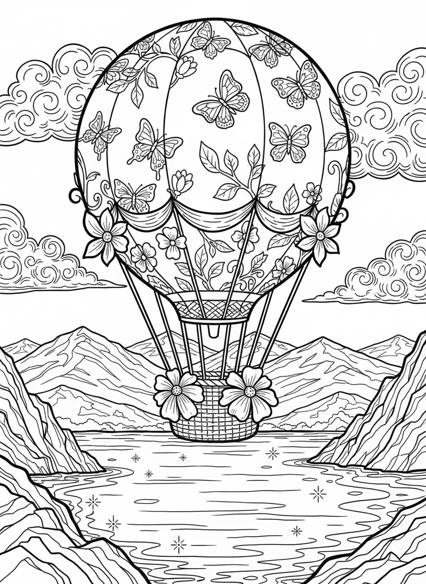 A magical hot air balloon decorated with butterflies and flowers, drifting over a sparkling lake.