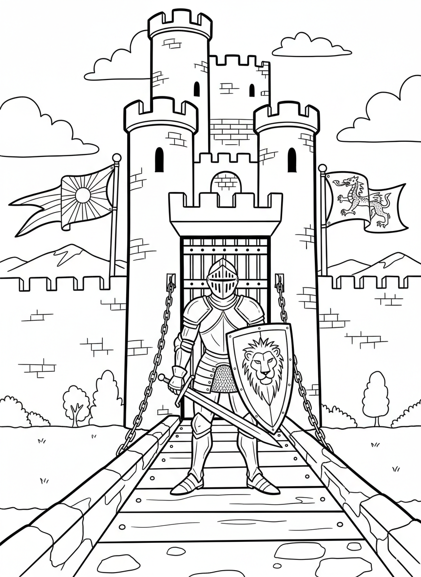 A knight in shining armor with a shield and sword stands bravely at a castle drawbridge with banners waving above.